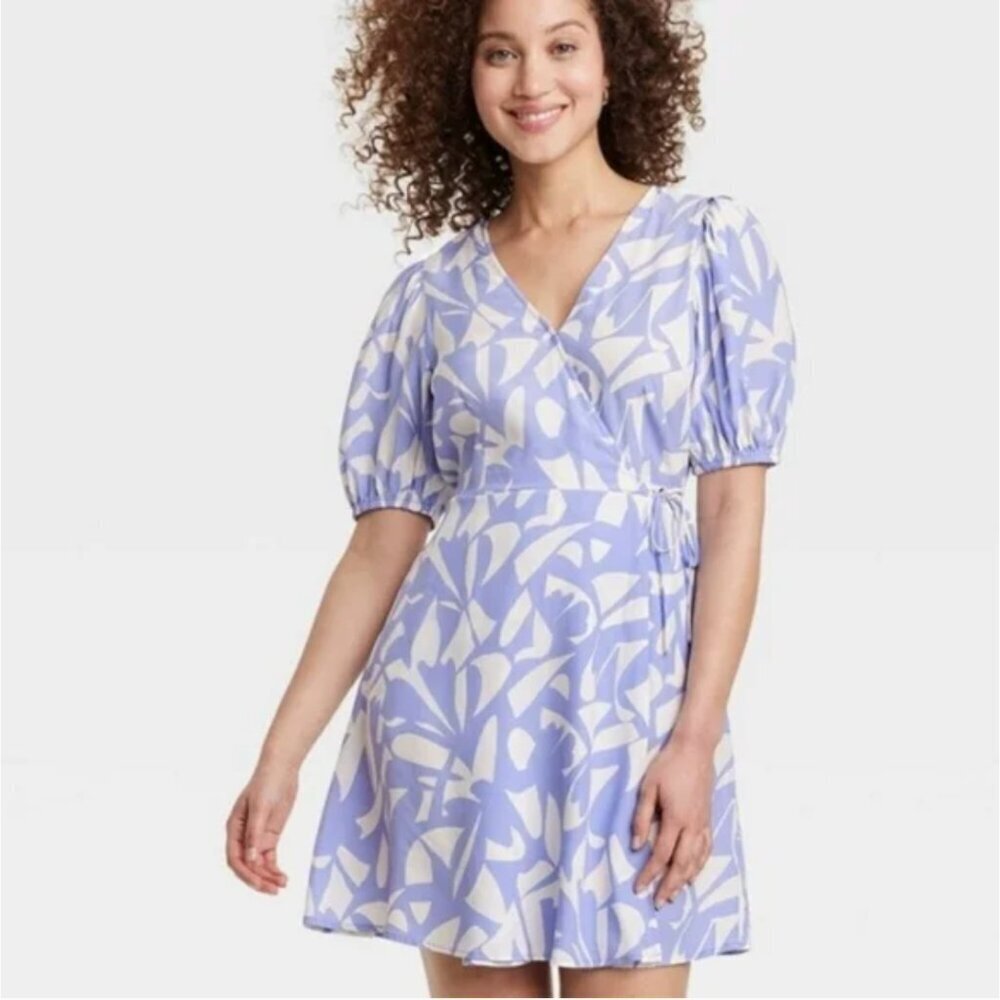 A New Day Blue Floral Print Balloon Short Sleeve Faux Wrap Dress Size XS NWT